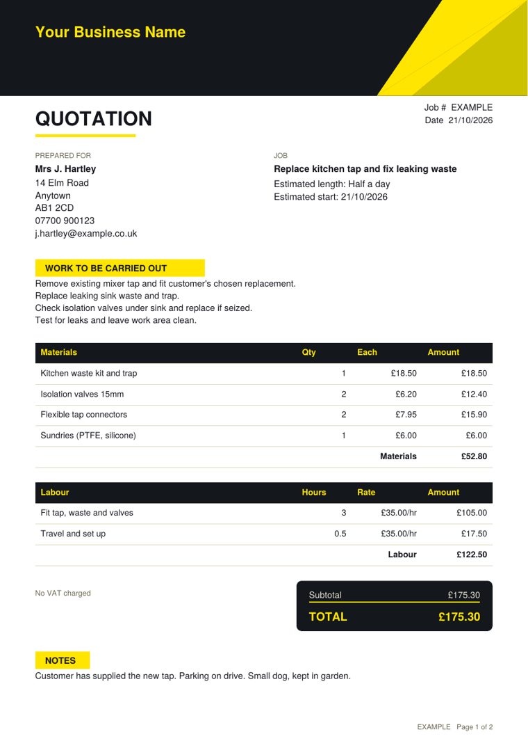 A sample quotation made with Estimate Book, showing materials, labour and a total of £175.30